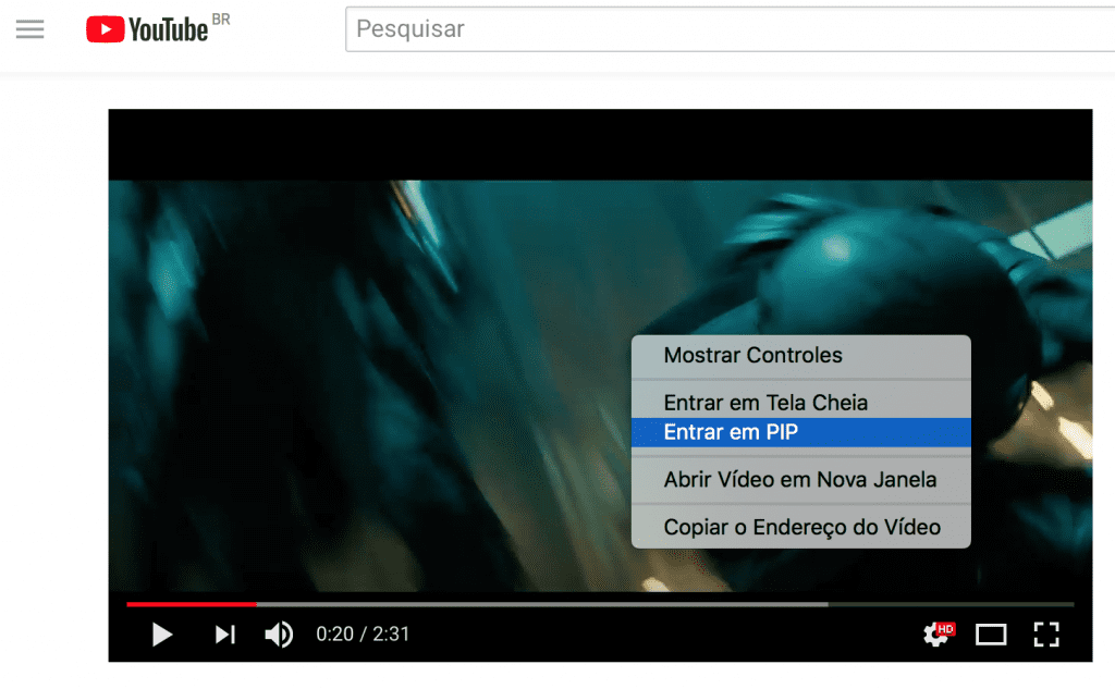 Captura de tela mostrando onde ver o vídeo em PIP.