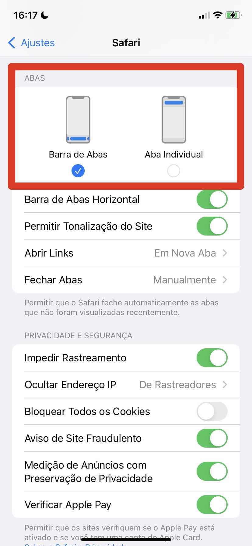 mudar barra safari para cima