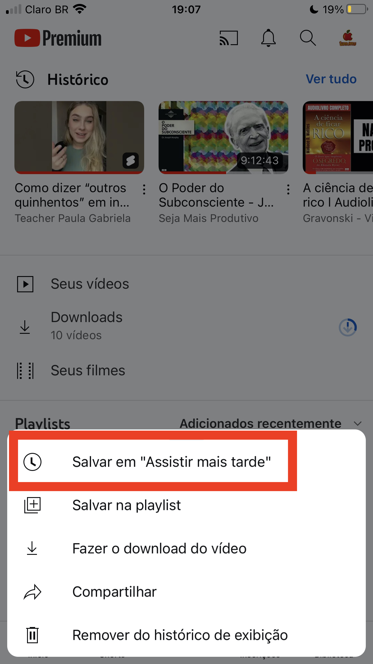Shorts do Youtube do iPhone